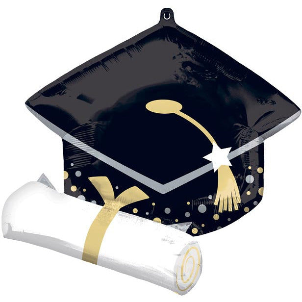 Burton and Burton HOLIDAY: GRADUATION 25" BLACK GRAD CAP WHITE DIPLOMA FOIL BALLOON